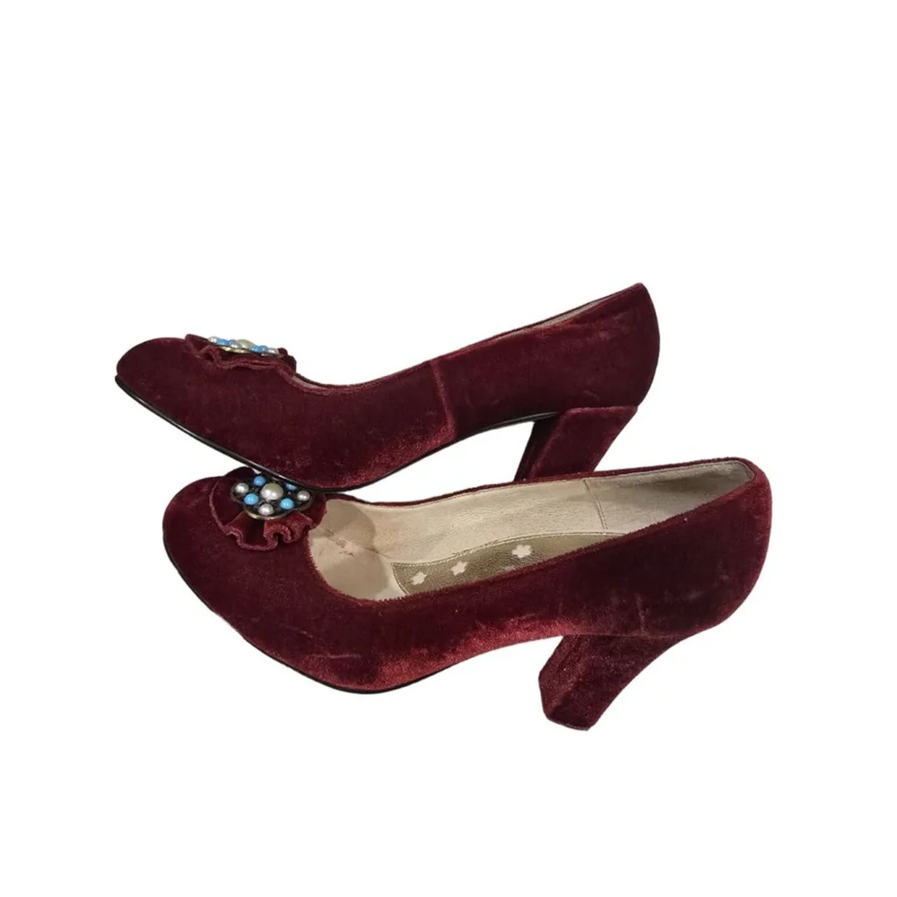 Ginger Goff Burgundy Velvet Heels with Turquoise Size 8.5